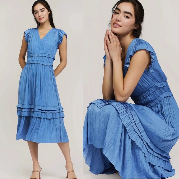 Anthropologie Dresses & Skirts - Current Air • Anthropologie Sereia Pleated Midi Dress blue flutter sleeve